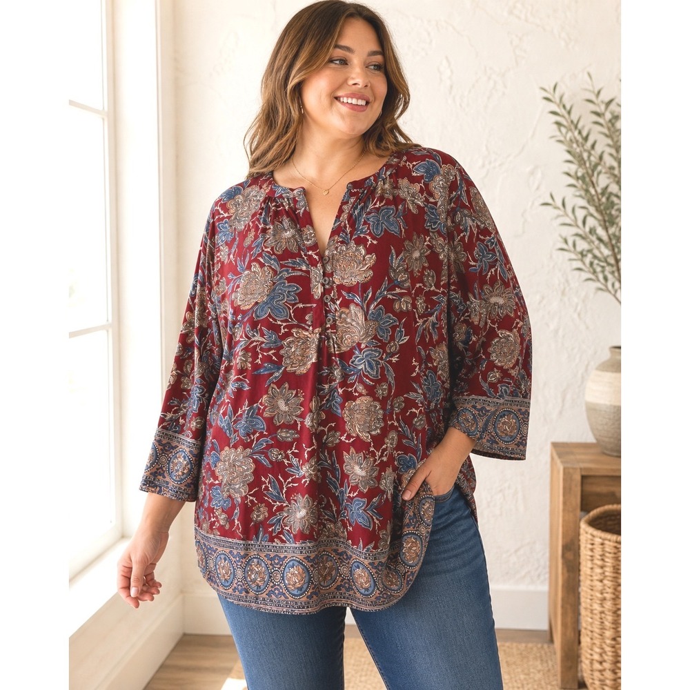 Lucky Brand Womens 1X Boho Floral Tunic Top Red Blue NWT Lightweight Blouse